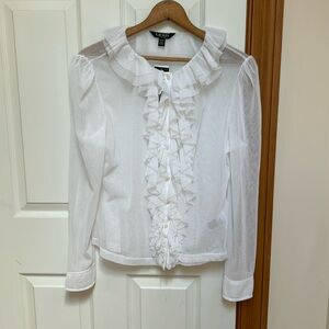 Sheer White Mesh Ralph Lauren Button Down Blouse Ruffles Sz XL New With Tags!